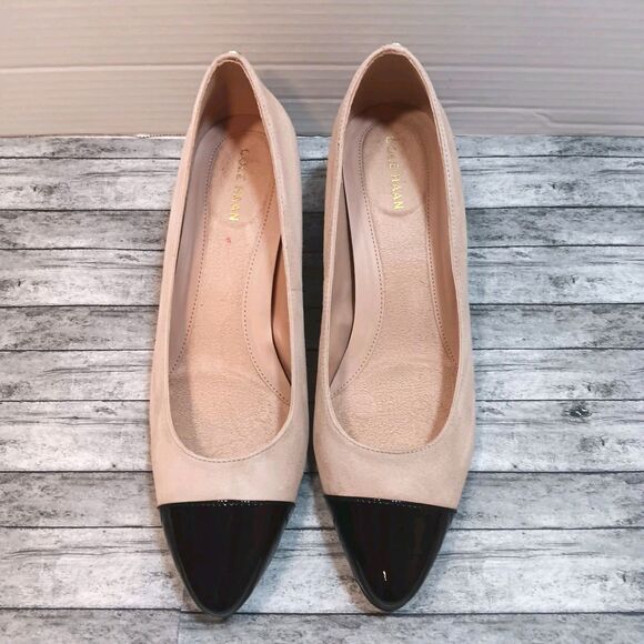 Cole Haan W26302 Suede Cap Toe Block Heel Pumps Tan/Nude Black Patent 8B - Picture 1 of 11